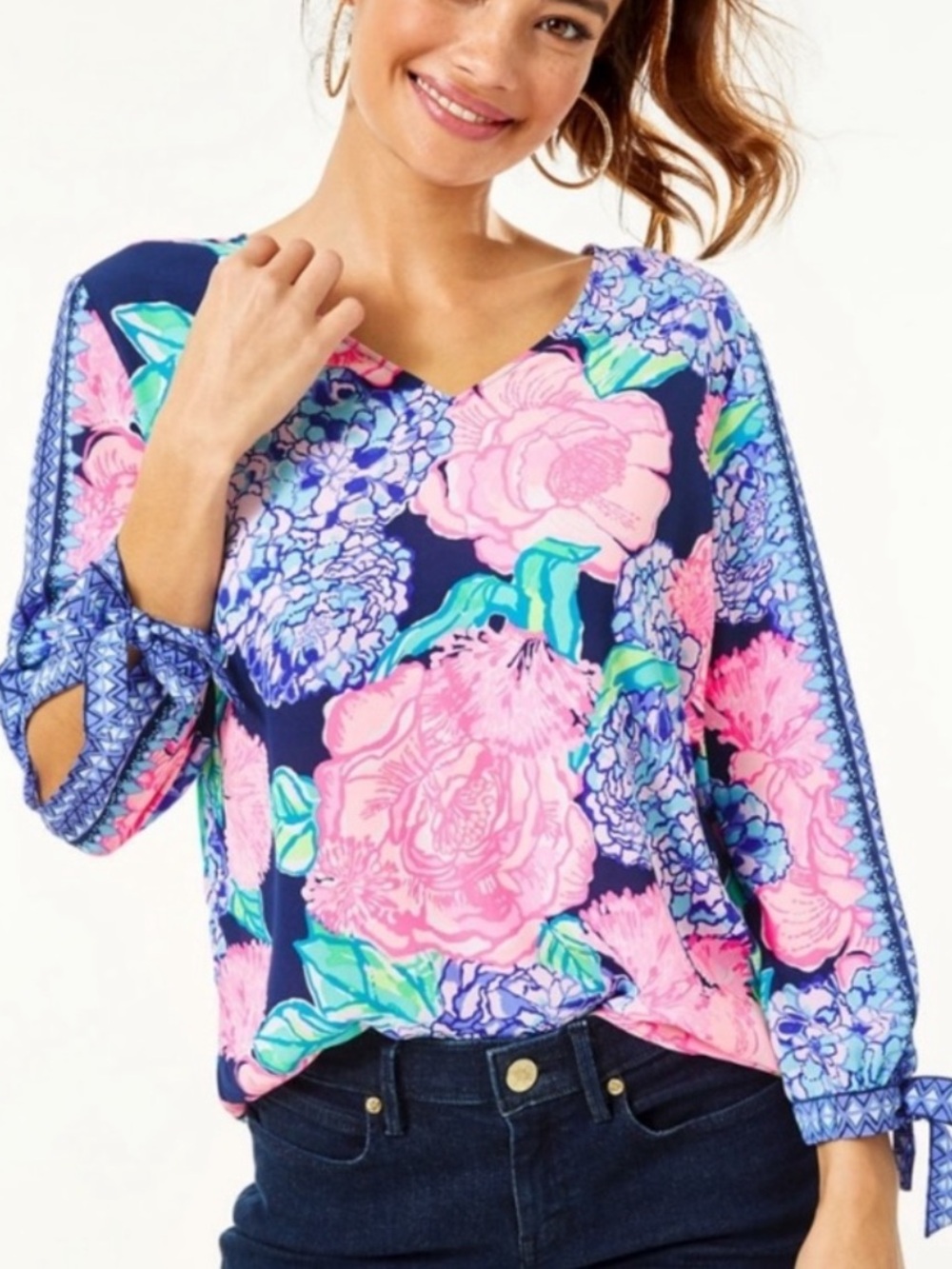 Lilly Pulitzer Pamala Blouse High Tide Navy Hey Bouquet